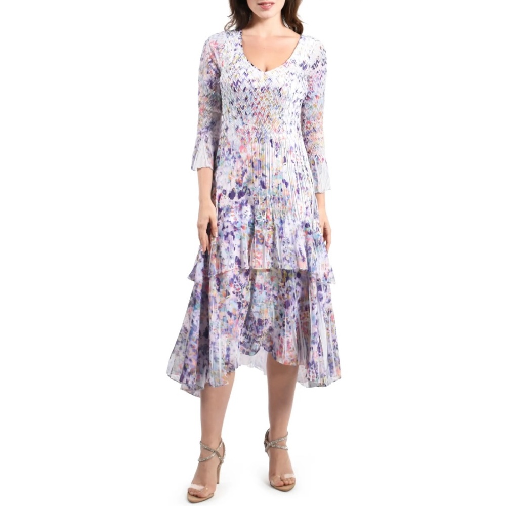 Komarov V-Neck 3/4 Sleeve Charmeuse Chiffon Tiered Dress, Small